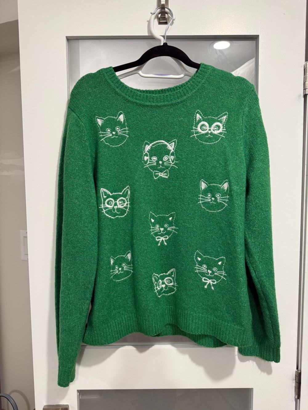cupcakes & cashmere Green Crewneck Sweater with White Cat Faces